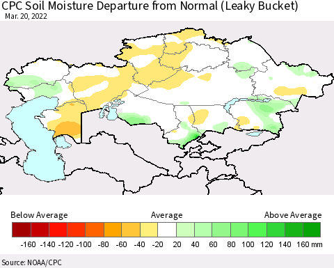 Kazakhstan CPC Soil Moisture Departure from Normal (Leaky Bucket) Thematic Map For 3/16/2022 - 3/20/2022
