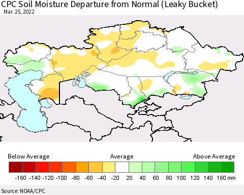 Kazakhstan CPC Soil Moisture Departure from Normal (Leaky Bucket) Thematic Map For 3/21/2022 - 3/25/2022