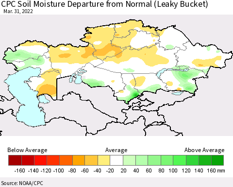Kazakhstan CPC Soil Moisture Departure from Normal (Leaky Bucket) Thematic Map For 3/26/2022 - 3/31/2022