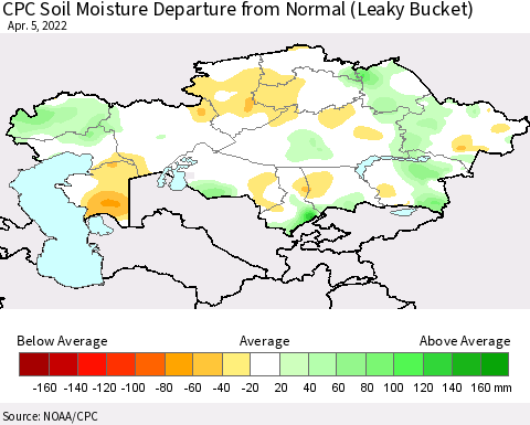 Kazakhstan CPC Soil Moisture Departure from Normal (Leaky Bucket) Thematic Map For 4/1/2022 - 4/5/2022