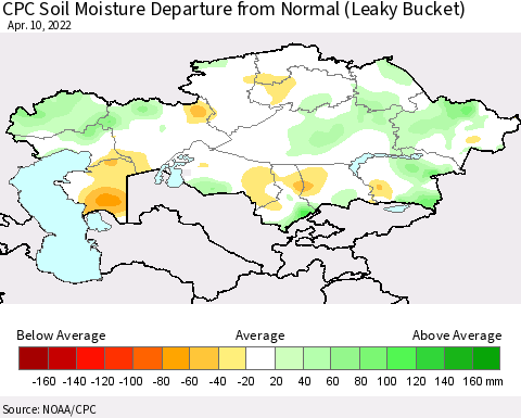 Kazakhstan CPC Soil Moisture Departure from Normal (Leaky Bucket) Thematic Map For 4/6/2022 - 4/10/2022