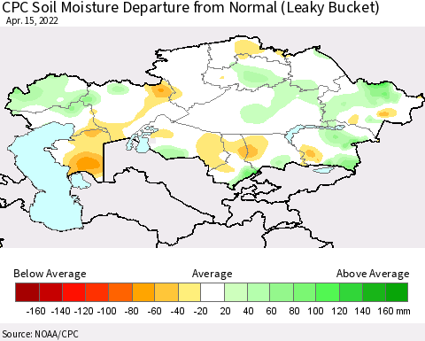 Kazakhstan CPC Soil Moisture Departure from Normal (Leaky Bucket) Thematic Map For 4/11/2022 - 4/15/2022