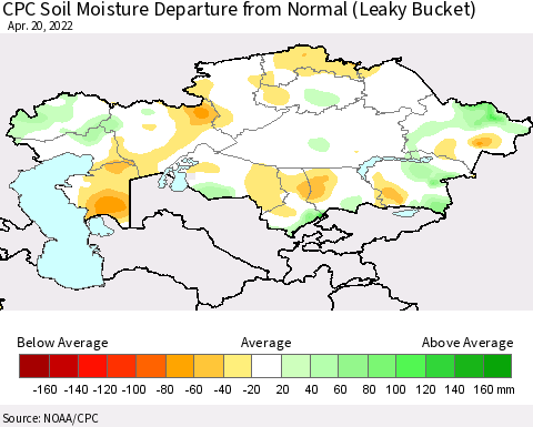 Kazakhstan CPC Soil Moisture Departure from Normal (Leaky Bucket) Thematic Map For 4/16/2022 - 4/20/2022