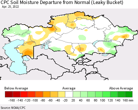 Kazakhstan CPC Soil Moisture Departure from Normal (Leaky Bucket) Thematic Map For 4/21/2022 - 4/25/2022