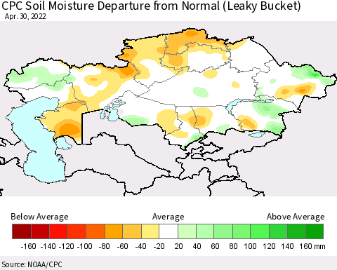 Kazakhstan CPC Soil Moisture Departure from Normal (Leaky Bucket) Thematic Map For 4/26/2022 - 4/30/2022