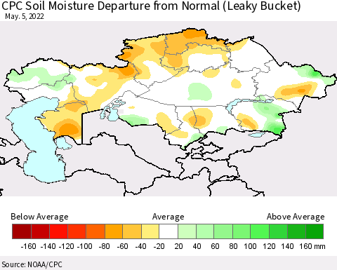 Kazakhstan CPC Soil Moisture Departure from Normal (Leaky Bucket) Thematic Map For 5/1/2022 - 5/5/2022
