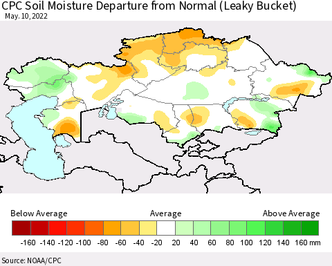 Kazakhstan CPC Soil Moisture Departure from Normal (Leaky Bucket) Thematic Map For 5/6/2022 - 5/10/2022
