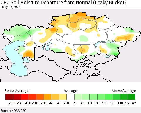 Kazakhstan CPC Soil Moisture Departure from Normal (Leaky Bucket) Thematic Map For 5/11/2022 - 5/15/2022