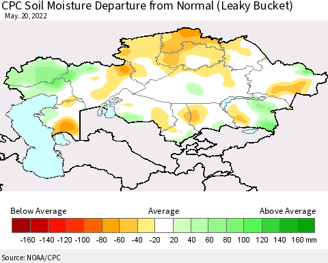 Kazakhstan CPC Soil Moisture Departure from Normal (Leaky Bucket) Thematic Map For 5/16/2022 - 5/20/2022