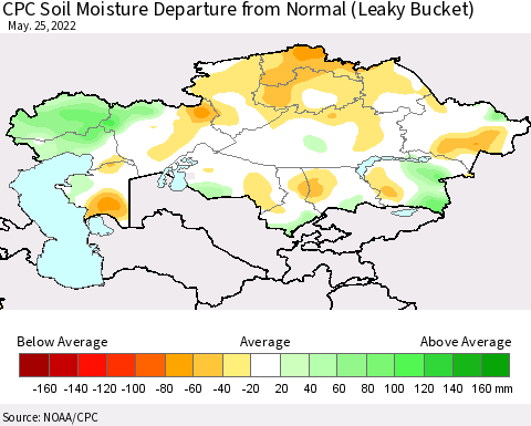 Kazakhstan CPC Soil Moisture Departure from Normal (Leaky Bucket) Thematic Map For 5/21/2022 - 5/25/2022