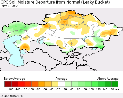 Kazakhstan CPC Soil Moisture Departure from Normal (Leaky Bucket) Thematic Map For 5/26/2022 - 5/31/2022