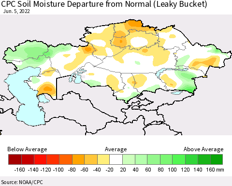 Kazakhstan CPC Soil Moisture Departure from Normal (Leaky Bucket) Thematic Map For 6/1/2022 - 6/5/2022