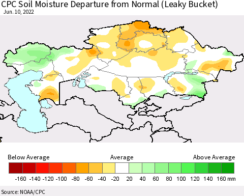 Kazakhstan CPC Soil Moisture Departure from Normal (Leaky Bucket) Thematic Map For 6/6/2022 - 6/10/2022