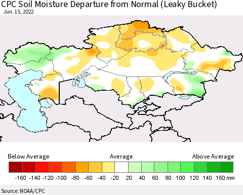 Kazakhstan CPC Soil Moisture Departure from Normal (Leaky Bucket) Thematic Map For 6/11/2022 - 6/15/2022
