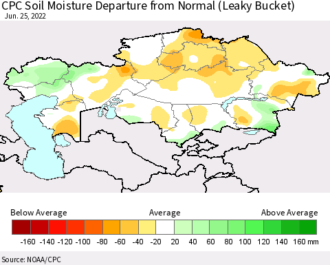 Kazakhstan CPC Soil Moisture Departure from Normal (Leaky Bucket) Thematic Map For 6/21/2022 - 6/25/2022