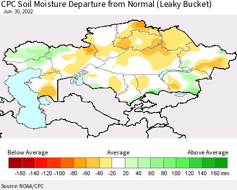 Kazakhstan CPC Soil Moisture Departure from Normal (Leaky Bucket) Thematic Map For 6/26/2022 - 6/30/2022