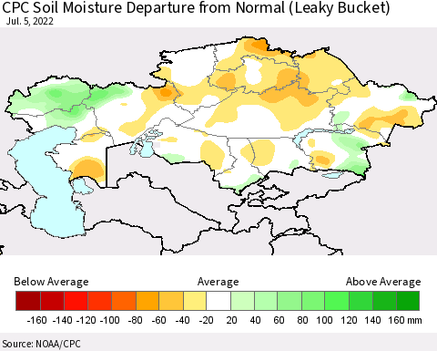 Kazakhstan CPC Soil Moisture Departure from Normal (Leaky Bucket) Thematic Map For 7/1/2022 - 7/5/2022
