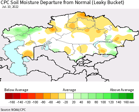 Kazakhstan CPC Soil Moisture Departure from Normal (Leaky Bucket) Thematic Map For 7/6/2022 - 7/10/2022