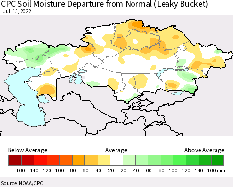 Kazakhstan CPC Soil Moisture Departure from Normal (Leaky Bucket) Thematic Map For 7/11/2022 - 7/15/2022