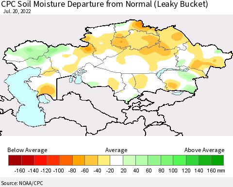 Kazakhstan CPC Soil Moisture Departure from Normal (Leaky Bucket) Thematic Map For 7/16/2022 - 7/20/2022