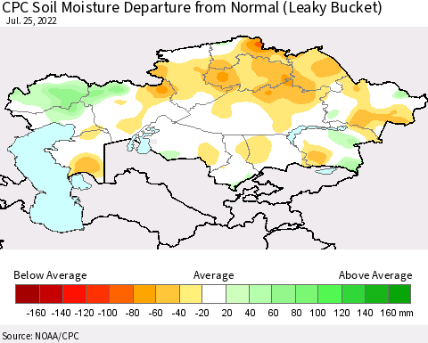 Kazakhstan CPC Soil Moisture Departure from Normal (Leaky Bucket) Thematic Map For 7/21/2022 - 7/25/2022