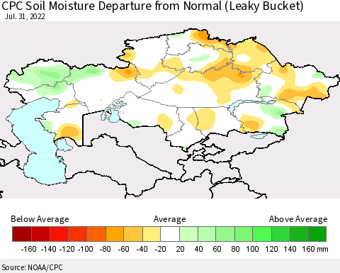 Kazakhstan CPC Soil Moisture Departure from Normal (Leaky Bucket) Thematic Map For 7/26/2022 - 7/31/2022