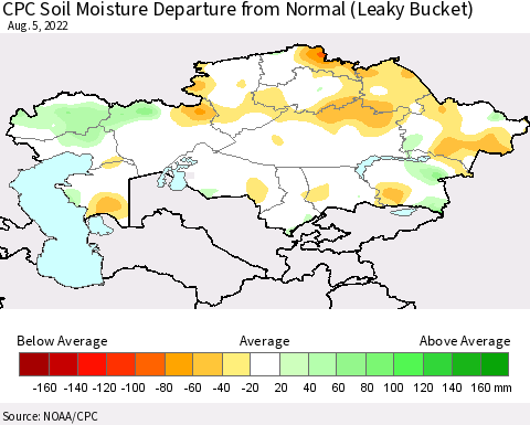 Kazakhstan CPC Soil Moisture Departure from Normal (Leaky Bucket) Thematic Map For 8/1/2022 - 8/5/2022