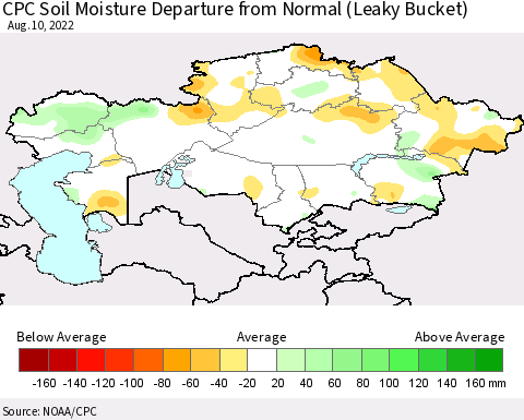 Kazakhstan CPC Soil Moisture Departure from Normal (Leaky Bucket) Thematic Map For 8/6/2022 - 8/10/2022