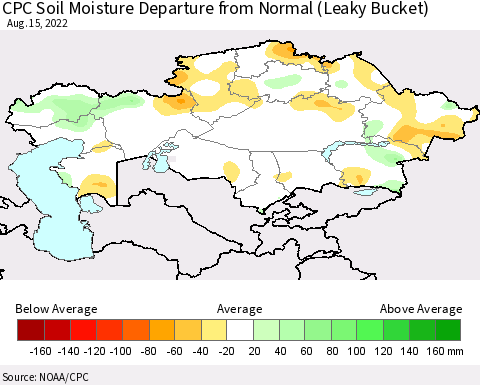 Kazakhstan CPC Soil Moisture Departure from Normal (Leaky Bucket) Thematic Map For 8/11/2022 - 8/15/2022