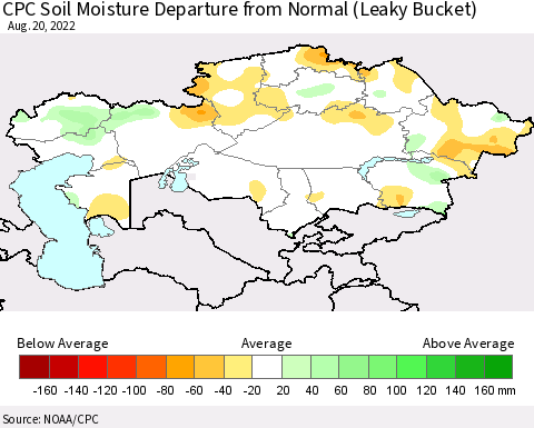 Kazakhstan CPC Soil Moisture Departure from Normal (Leaky Bucket) Thematic Map For 8/16/2022 - 8/20/2022