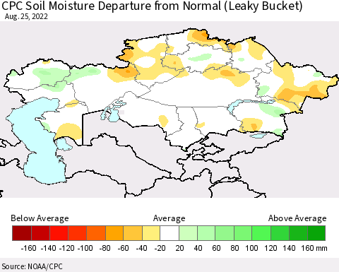 Kazakhstan CPC Soil Moisture Departure from Normal (Leaky Bucket) Thematic Map For 8/21/2022 - 8/25/2022