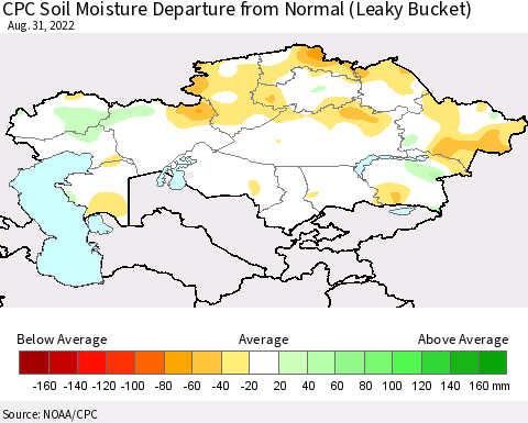 Kazakhstan CPC Soil Moisture Departure from Normal (Leaky Bucket) Thematic Map For 8/26/2022 - 8/31/2022