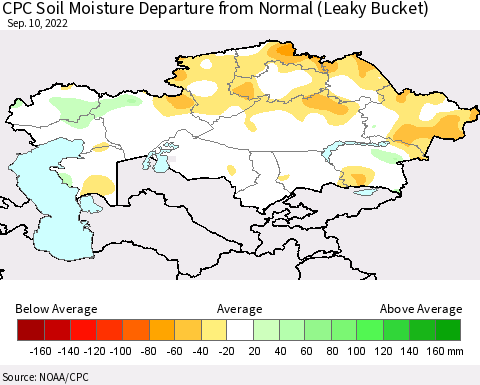 Kazakhstan CPC Soil Moisture Departure from Normal (Leaky Bucket) Thematic Map For 9/6/2022 - 9/10/2022