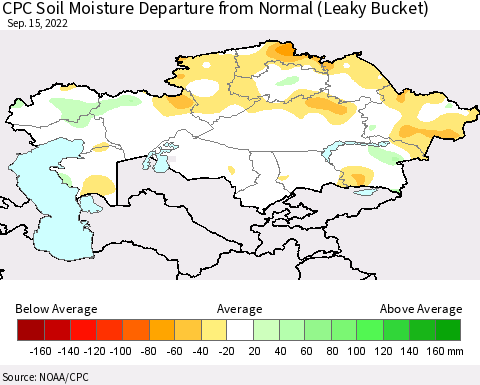Kazakhstan CPC Soil Moisture Departure from Normal (Leaky Bucket) Thematic Map For 9/11/2022 - 9/15/2022