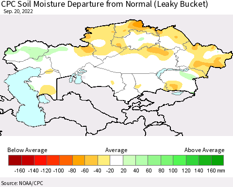 Kazakhstan CPC Soil Moisture Departure from Normal (Leaky Bucket) Thematic Map For 9/16/2022 - 9/20/2022