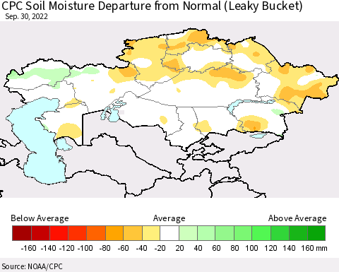 Kazakhstan CPC Soil Moisture Departure from Normal (Leaky Bucket) Thematic Map For 9/26/2022 - 9/30/2022