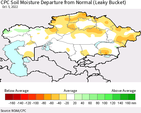 Kazakhstan CPC Soil Moisture Departure from Normal (Leaky Bucket) Thematic Map For 10/1/2022 - 10/5/2022