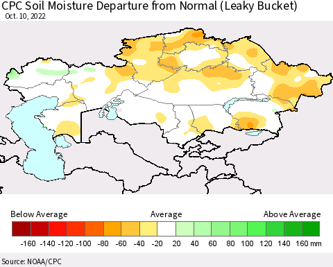 Kazakhstan CPC Soil Moisture Departure from Normal (Leaky Bucket) Thematic Map For 10/6/2022 - 10/10/2022