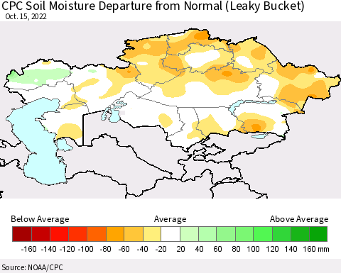 Kazakhstan CPC Soil Moisture Departure from Normal (Leaky Bucket) Thematic Map For 10/11/2022 - 10/15/2022