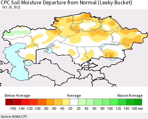 Kazakhstan CPC Soil Moisture Departure from Normal (Leaky Bucket) Thematic Map For 10/16/2022 - 10/20/2022