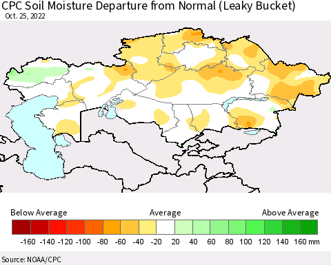 Kazakhstan CPC Soil Moisture Departure from Normal (Leaky Bucket) Thematic Map For 10/21/2022 - 10/25/2022