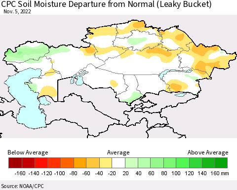Kazakhstan CPC Soil Moisture Departure from Normal (Leaky Bucket) Thematic Map For 11/1/2022 - 11/5/2022