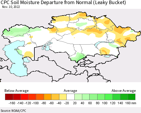 Kazakhstan CPC Soil Moisture Departure from Normal (Leaky Bucket) Thematic Map For 11/6/2022 - 11/10/2022