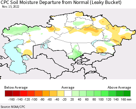 Kazakhstan CPC Soil Moisture Departure from Normal (Leaky Bucket) Thematic Map For 11/11/2022 - 11/15/2022