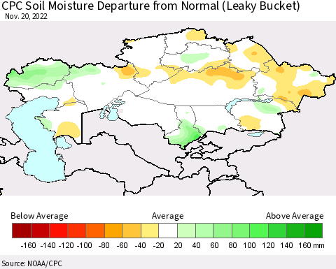 Kazakhstan CPC Soil Moisture Departure from Normal (Leaky Bucket) Thematic Map For 11/16/2022 - 11/20/2022