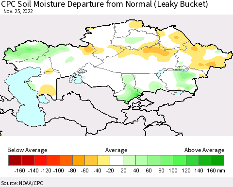 Kazakhstan CPC Soil Moisture Departure from Normal (Leaky Bucket) Thematic Map For 11/21/2022 - 11/25/2022