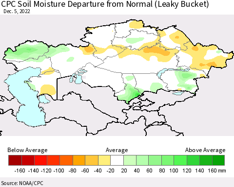 Kazakhstan CPC Soil Moisture Departure from Normal (Leaky Bucket) Thematic Map For 12/1/2022 - 12/5/2022