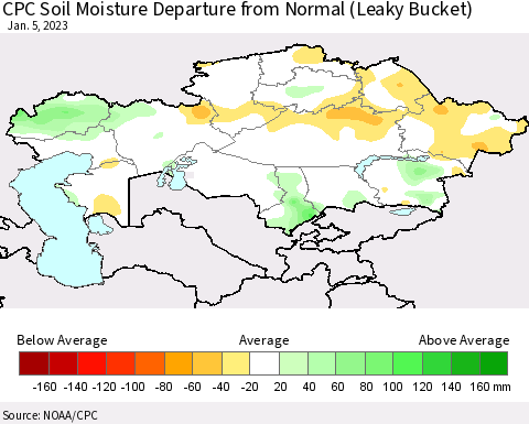 Kazakhstan CPC Soil Moisture Departure from Normal (Leaky Bucket) Thematic Map For 1/1/2023 - 1/5/2023