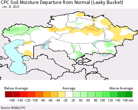 Kazakhstan CPC Soil Moisture Departure from Normal (Leaky Bucket) Thematic Map For 1/26/2023 - 1/31/2023