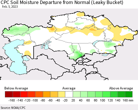 Kazakhstan CPC Soil Moisture Departure from Normal (Leaky Bucket) Thematic Map For 2/1/2023 - 2/5/2023